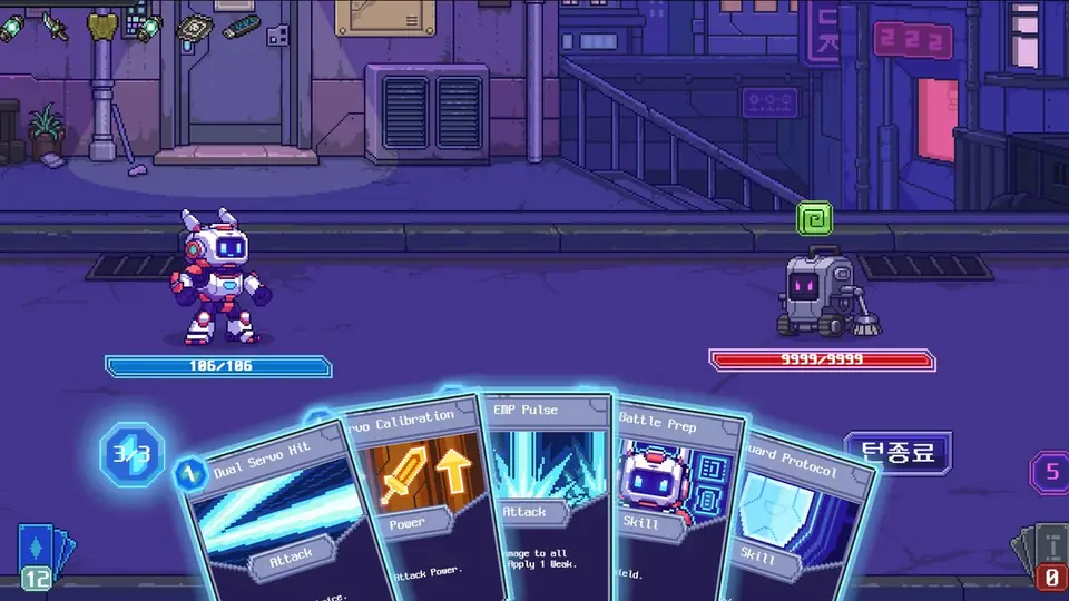 Ready & Me battle: the robot facing an enemy with five cards in hand