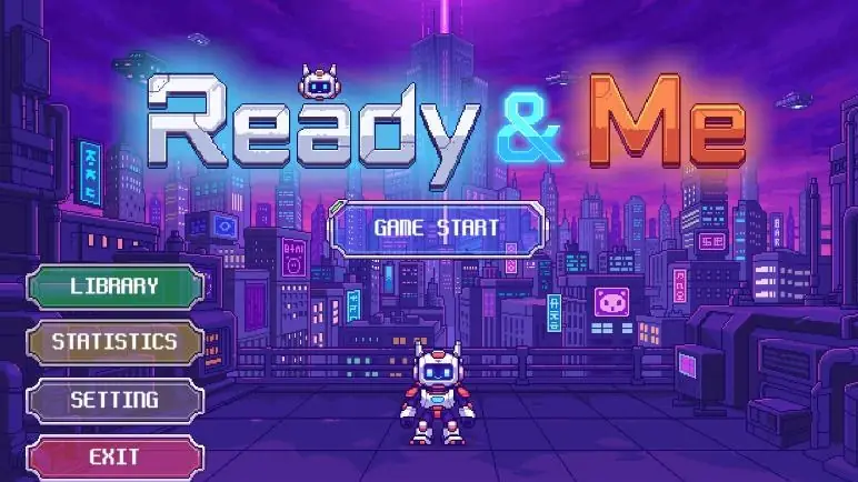 Ready & Me title screen: logo over a neon cyber city, GAME START menu, robot character